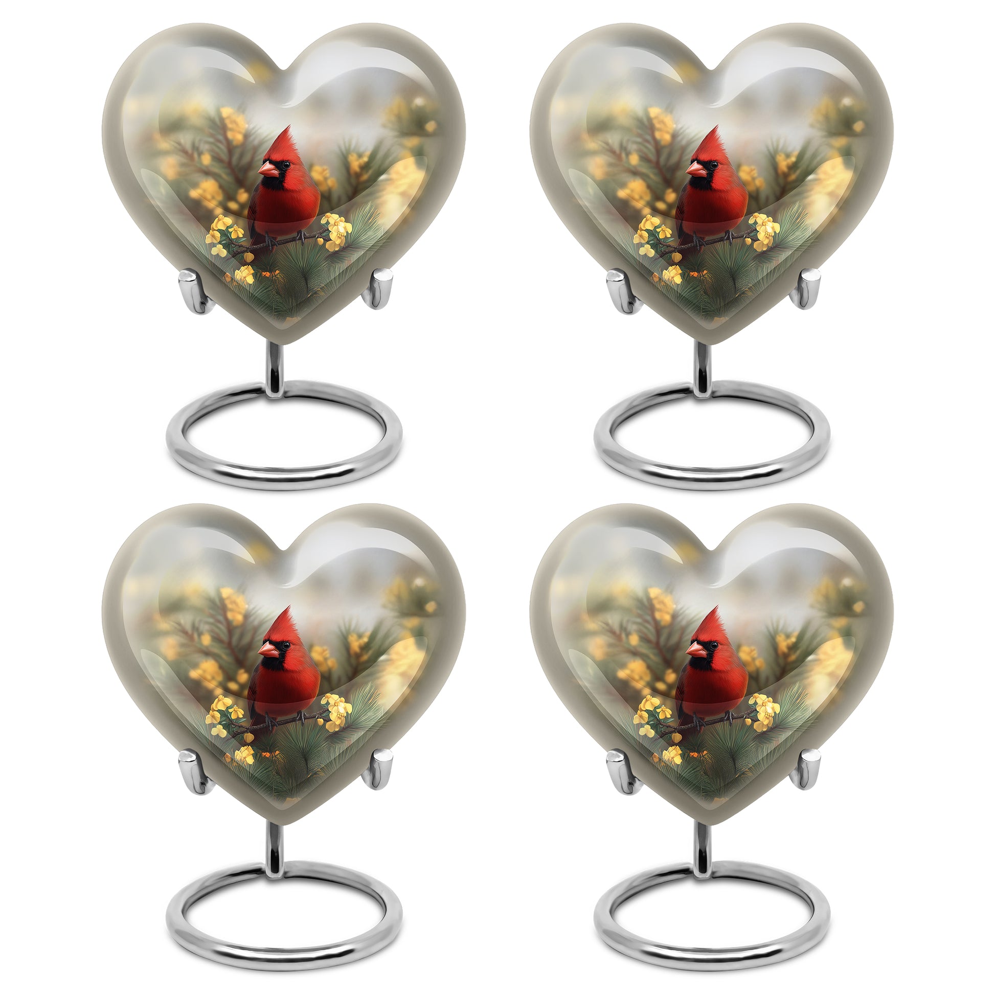 Steel Gray Cardinal Cremation Urn angled view of lid and engraved motif - romantic heart urn with cardinal motif on aluminum - 10 inch aluminum urn for cremated remains