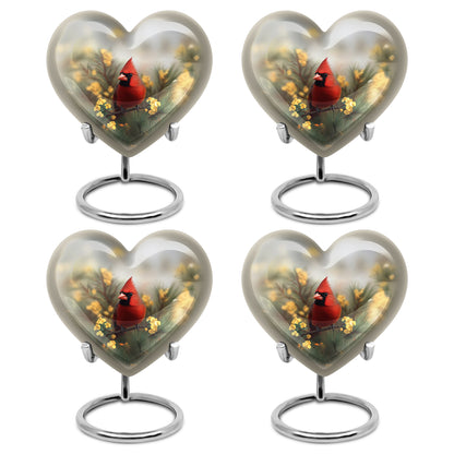 Steel Gray Cardinal Cremation Urn angled view of lid and engraved motif - romantic heart urn with cardinal motif on aluminum - 10 inch aluminum urn for cremated remains