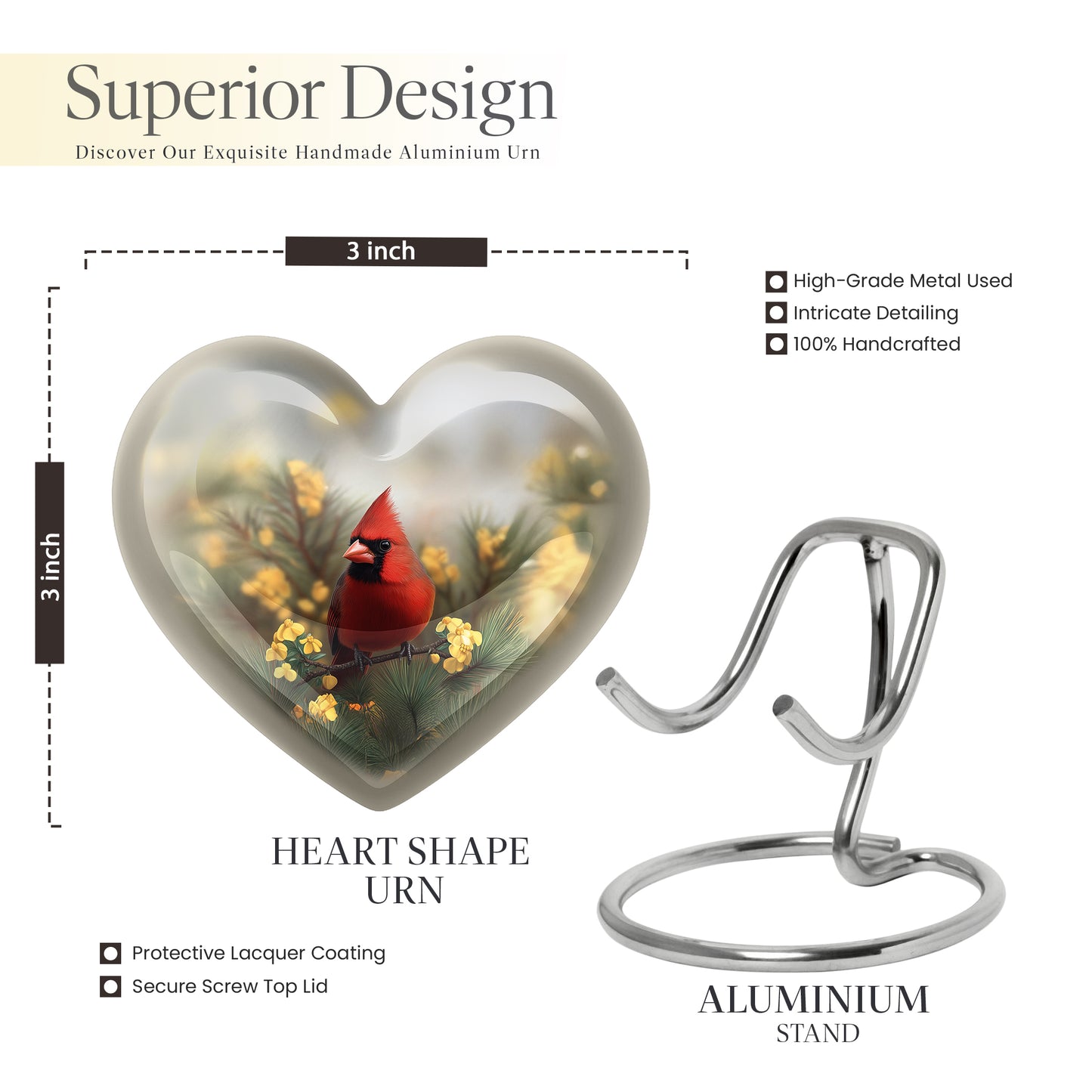 Charcoal Gray Cardinal Cremation Urn front view showing detailed design - heart-shaped cardinal design symbolizing eternal love - mini keepsake memorial for portion of cremation ashes