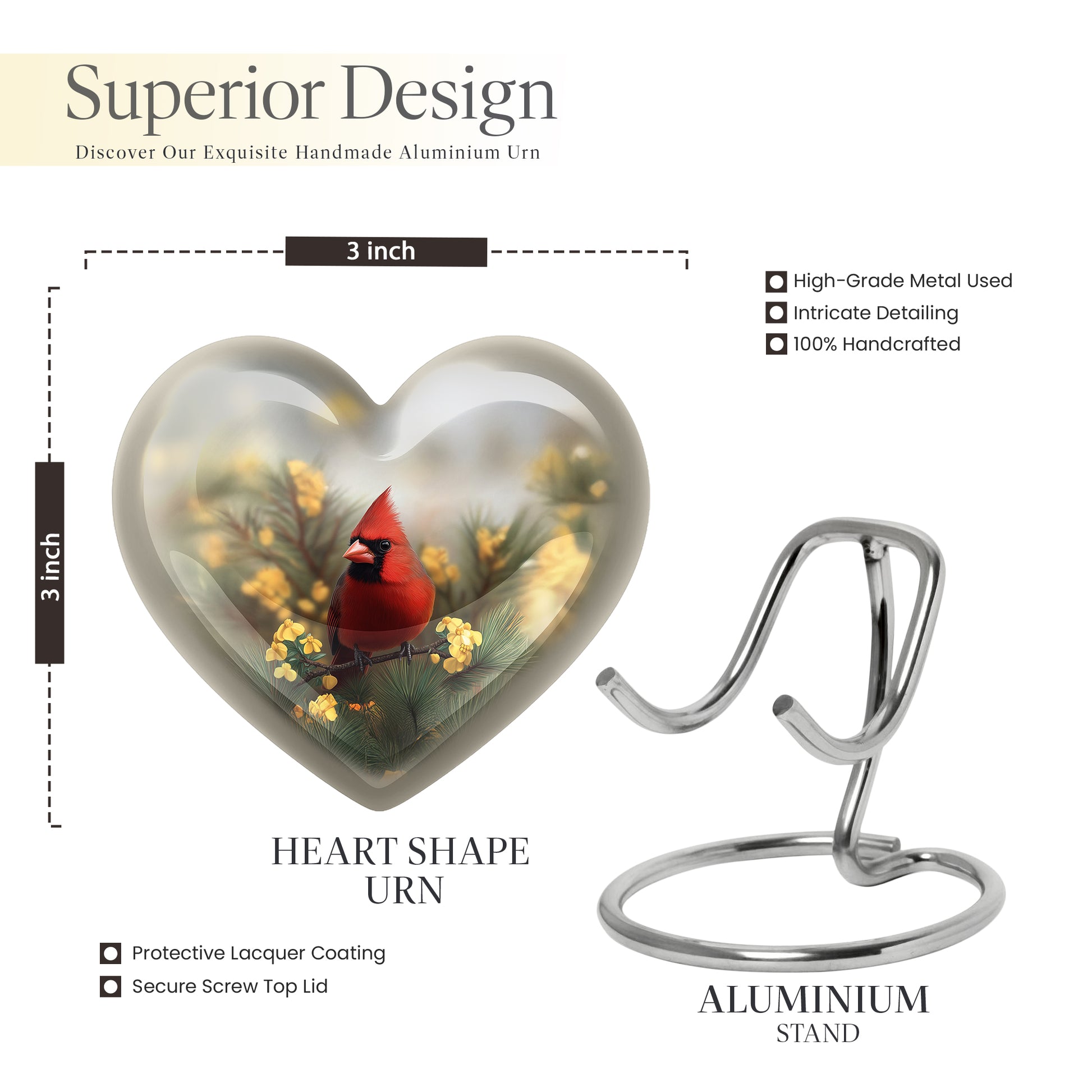 Charcoal Gray Cardinal Cremation Urn front view showing detailed design - heart-shaped cardinal design symbolizing eternal love - mini keepsake memorial for portion of cremation ashes