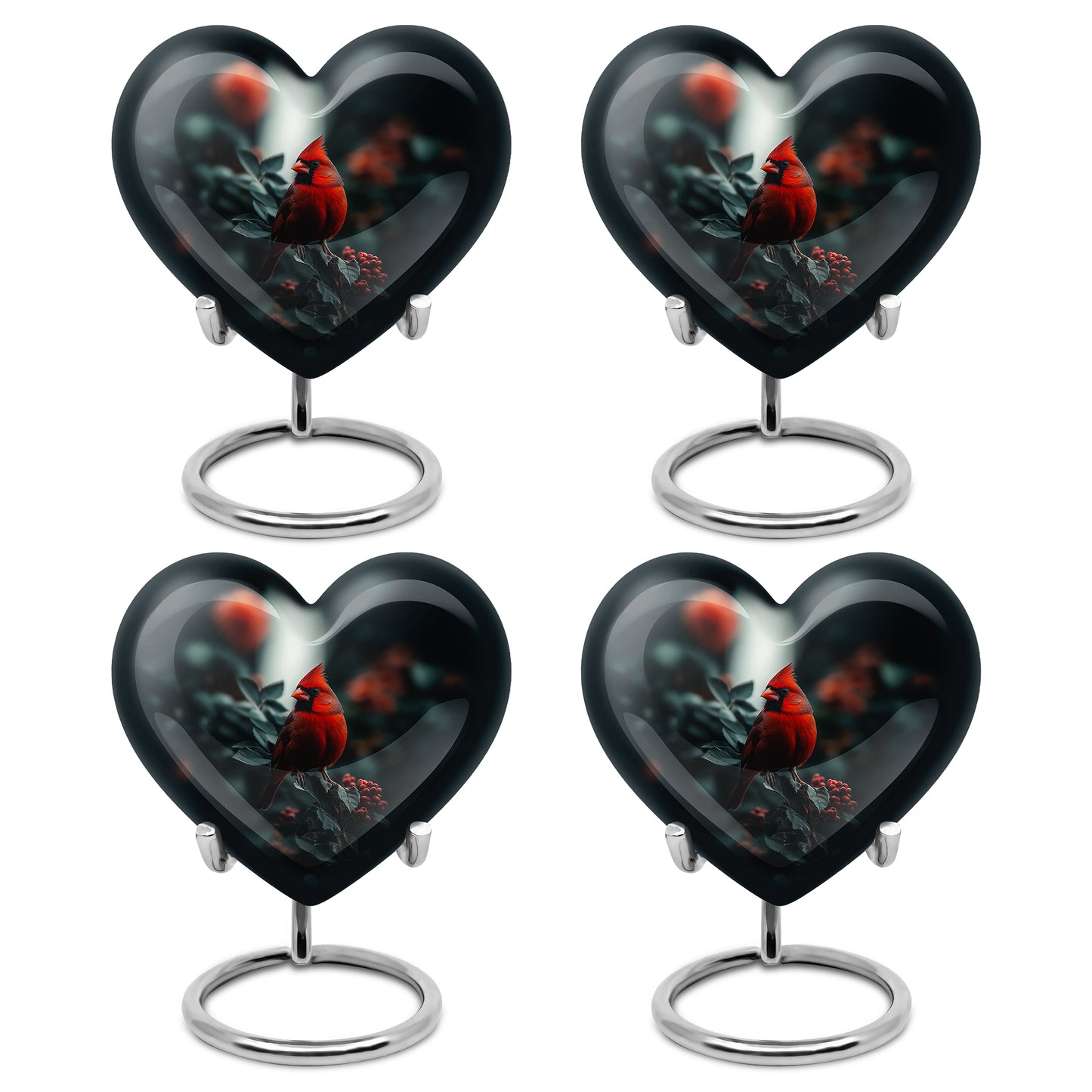 Charcoal Black Cardinal Cremation Urn angled view of lid and engraved motif - romantic heart urn with cardinal motif on aluminum - 10 inch aluminum urn for cremated remains