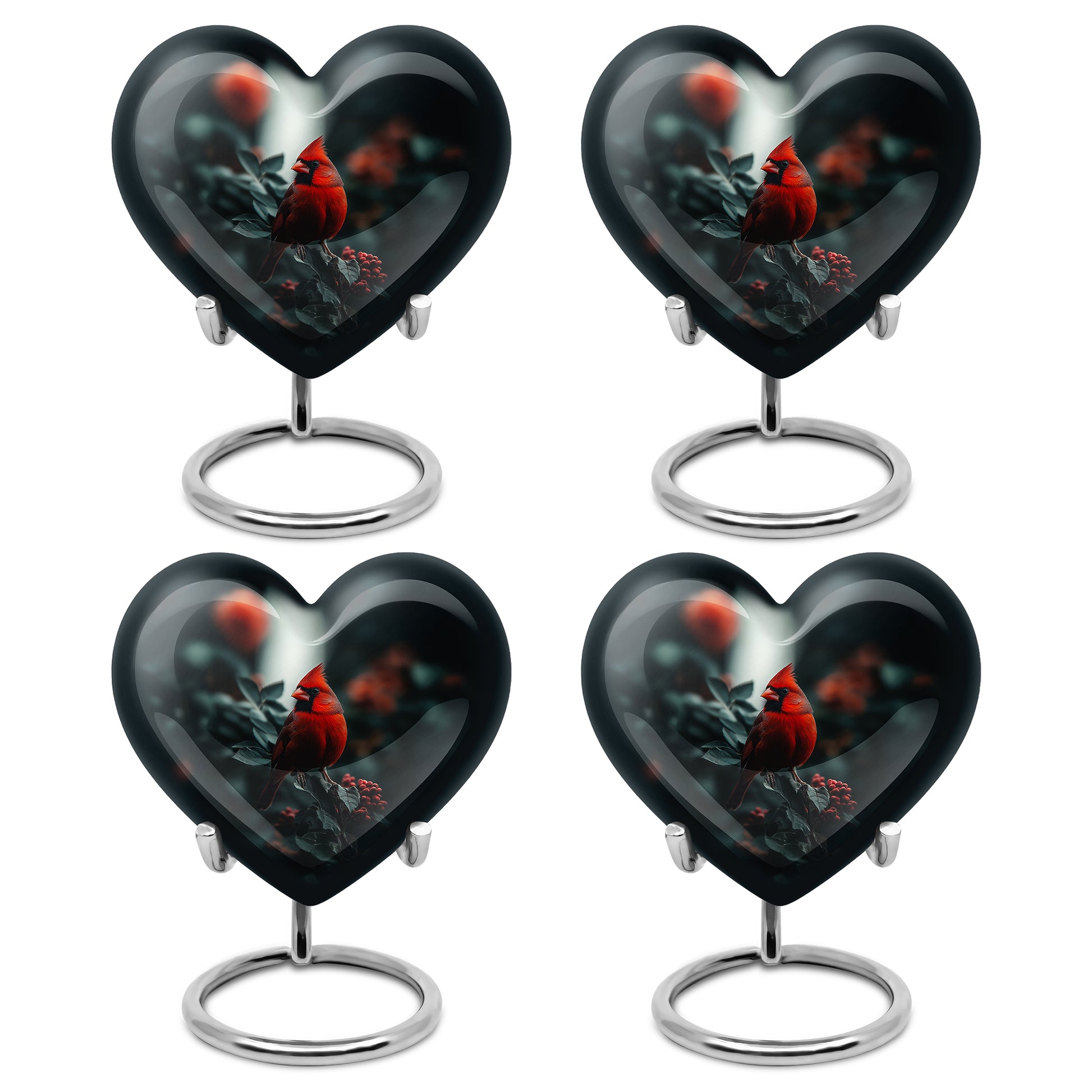 Charcoal Black Cardinal Cremation Urn angled view of lid and engraved motif - romantic heart urn with cardinal motif on aluminum - 10 inch aluminum urn for cremated remains