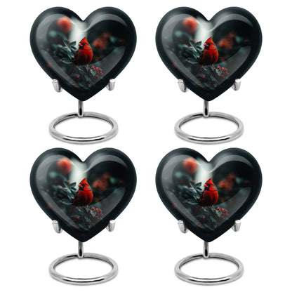 Charcoal Black Cardinal Cremation Urn angled view of lid and engraved motif - romantic heart urn with cardinal motif on aluminum - 10 inch aluminum urn for cremated remains