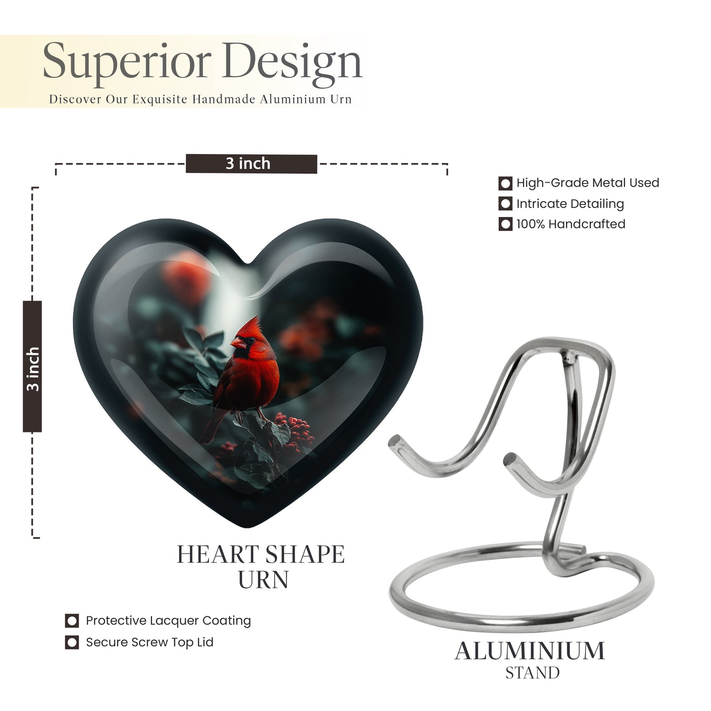 Onyx Black Cardinal Cremation Urn front view showing detailed design - romantic heart urn with cardinal motif on aluminum - mini keepsake memorial for portion of cremation ashes