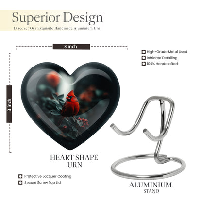 Onyx Black Cardinal Cremation Urn front view showing detailed design - romantic heart urn with cardinal motif on aluminum - mini keepsake memorial for portion of cremation ashes