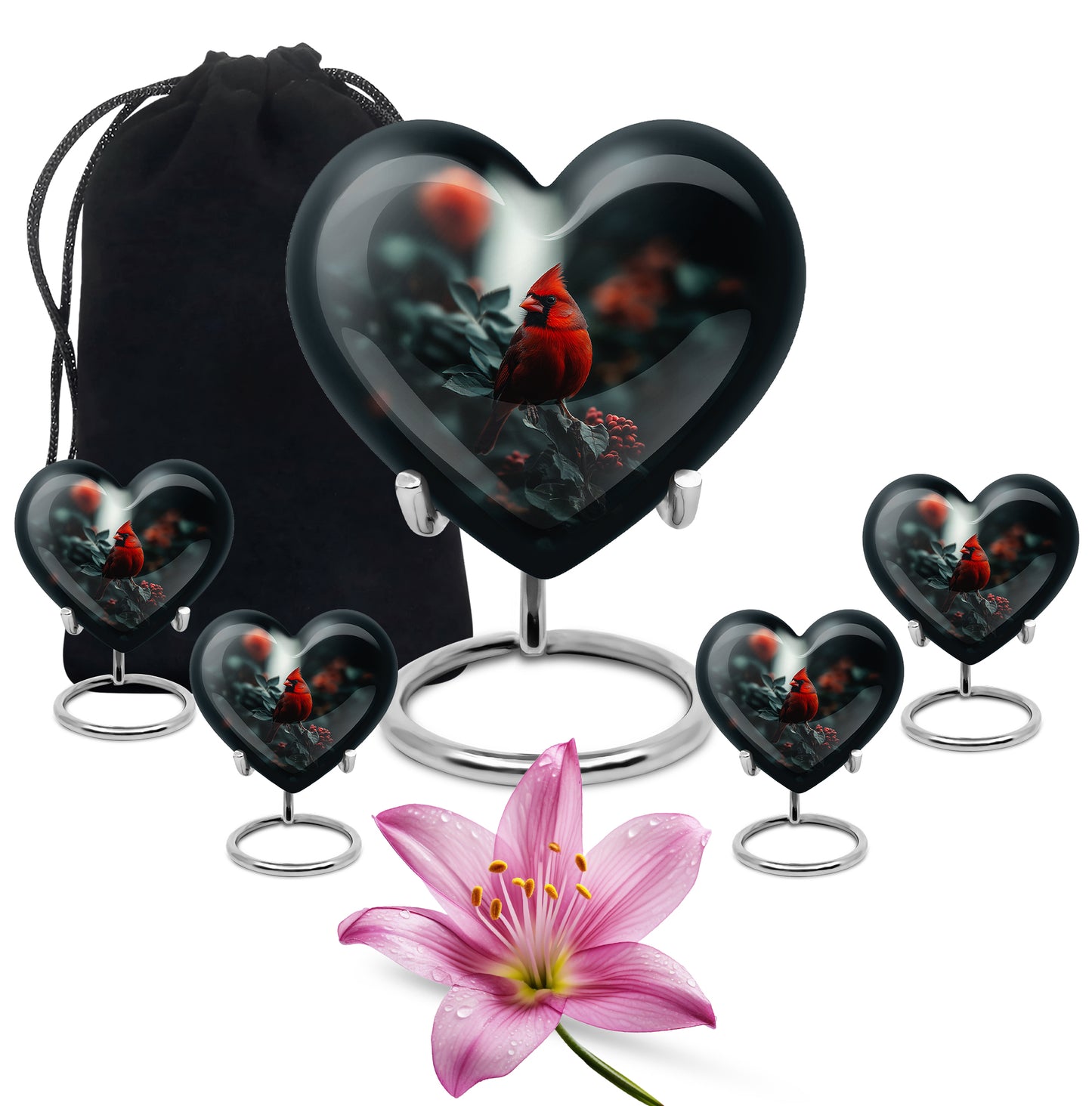 Obsidian Black Cardinal Cremation Urn close-up of engraving and surface detail - romantic heart urn with cardinal motif on aluminum - memorial set with one large and four small urns