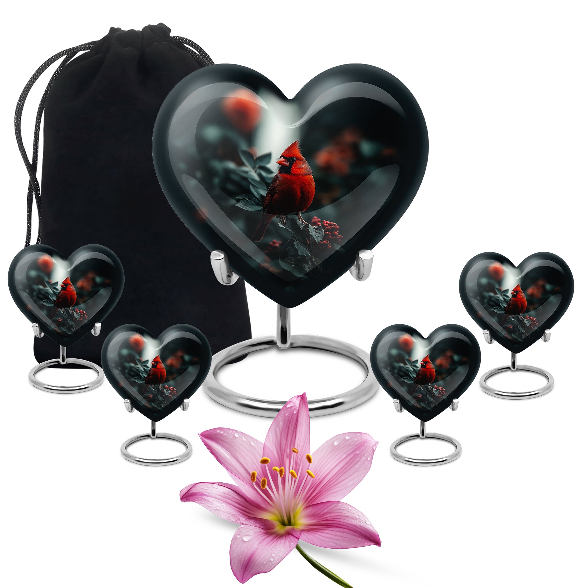 Obsidian Black Cardinal Cremation Urn close-up of engraving and surface detail - romantic heart urn with cardinal motif on aluminum - memorial set with one large and four small urns