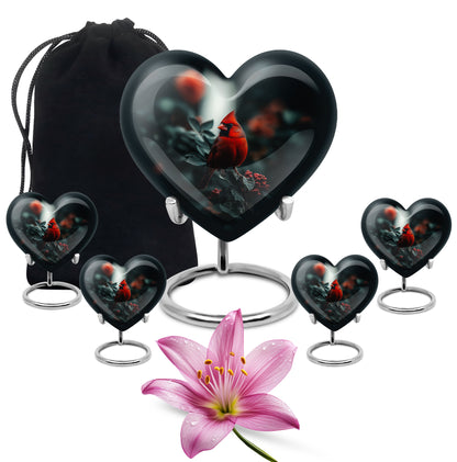 Obsidian Black Cardinal Cremation Urn close-up of engraving and surface detail - romantic heart urn with cardinal motif on aluminum - memorial set with one large and four small urns