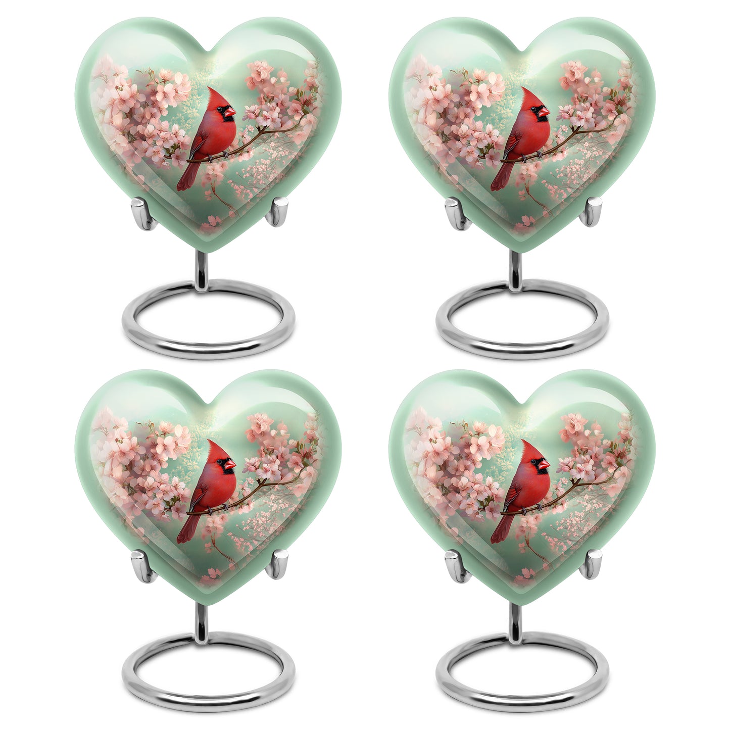 Forest Green Cardinal Cremation Urn angled view of lid and engraved motif - romantic heart urn with cardinal motif on aluminum - 10 inch aluminum urn for cremated remains