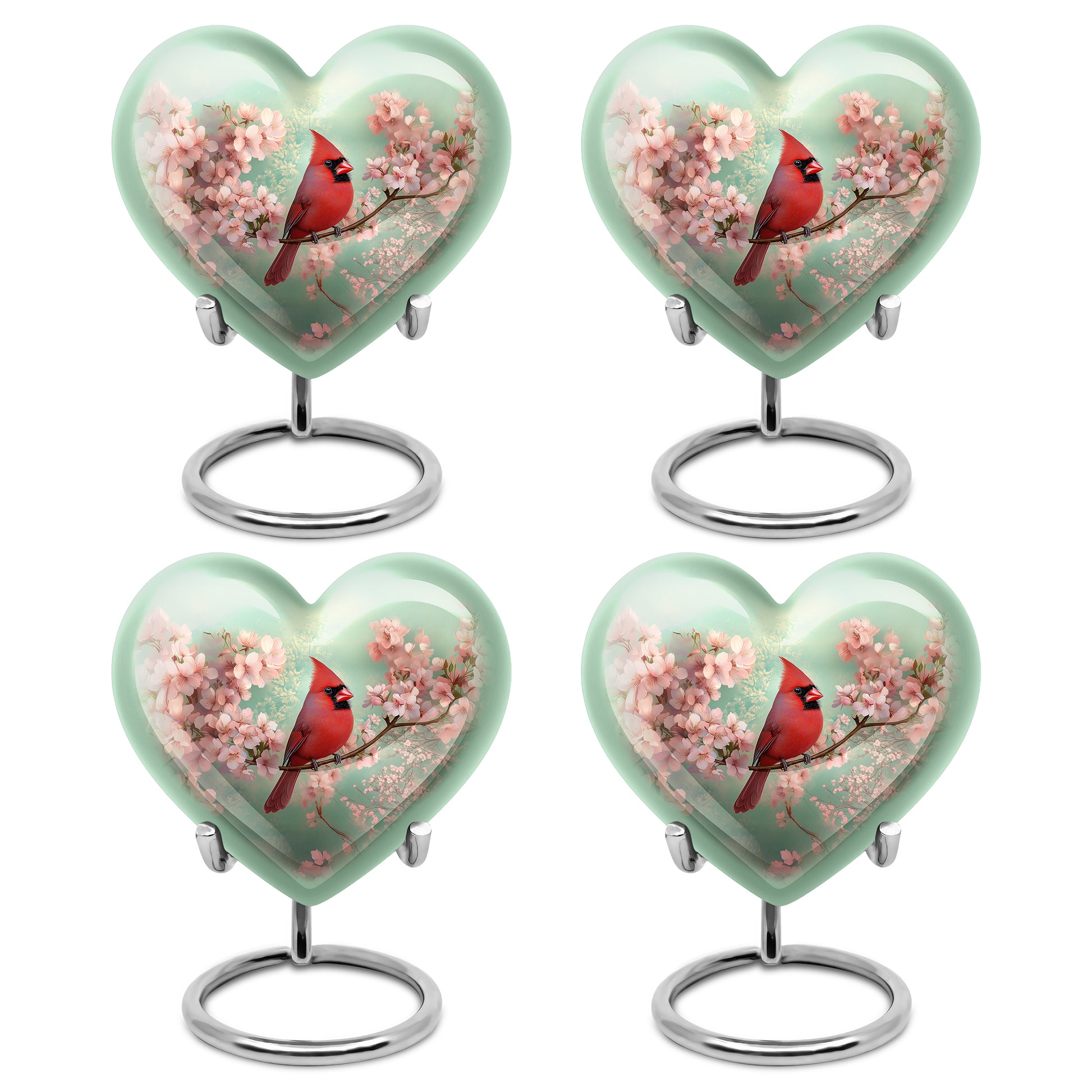 Forest Green Cardinal Cremation Urn angled view of lid and engraved motif - romantic heart urn with cardinal motif on aluminum - 10 inch aluminum urn for cremated remains