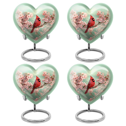 Forest Green Cardinal Cremation Urn angled view of lid and engraved motif - romantic heart urn with cardinal motif on aluminum - 10 inch aluminum urn for cremated remains