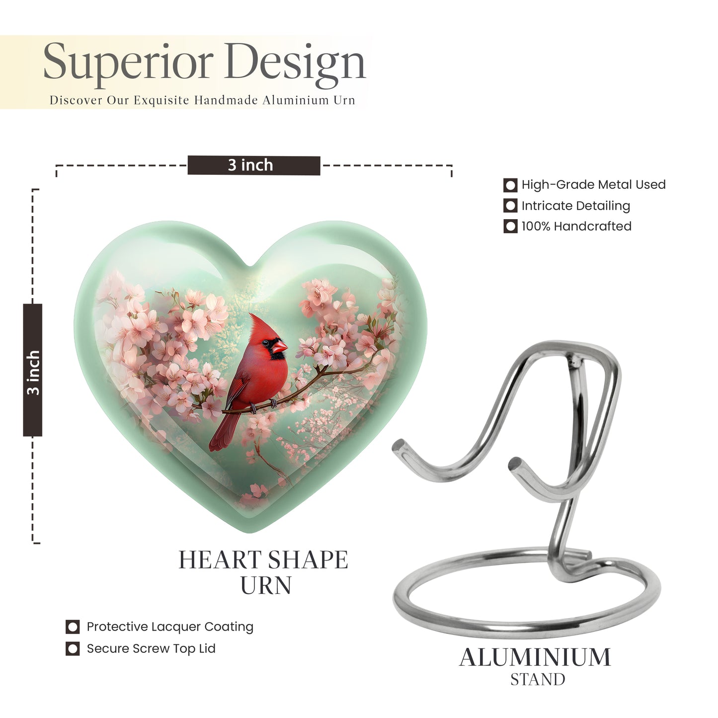 Mint Green Cardinal Cremation Urn front view showing detailed design - romantic heart urn with cardinal motif on aluminum - mini keepsake memorial for portion of cremation ashes