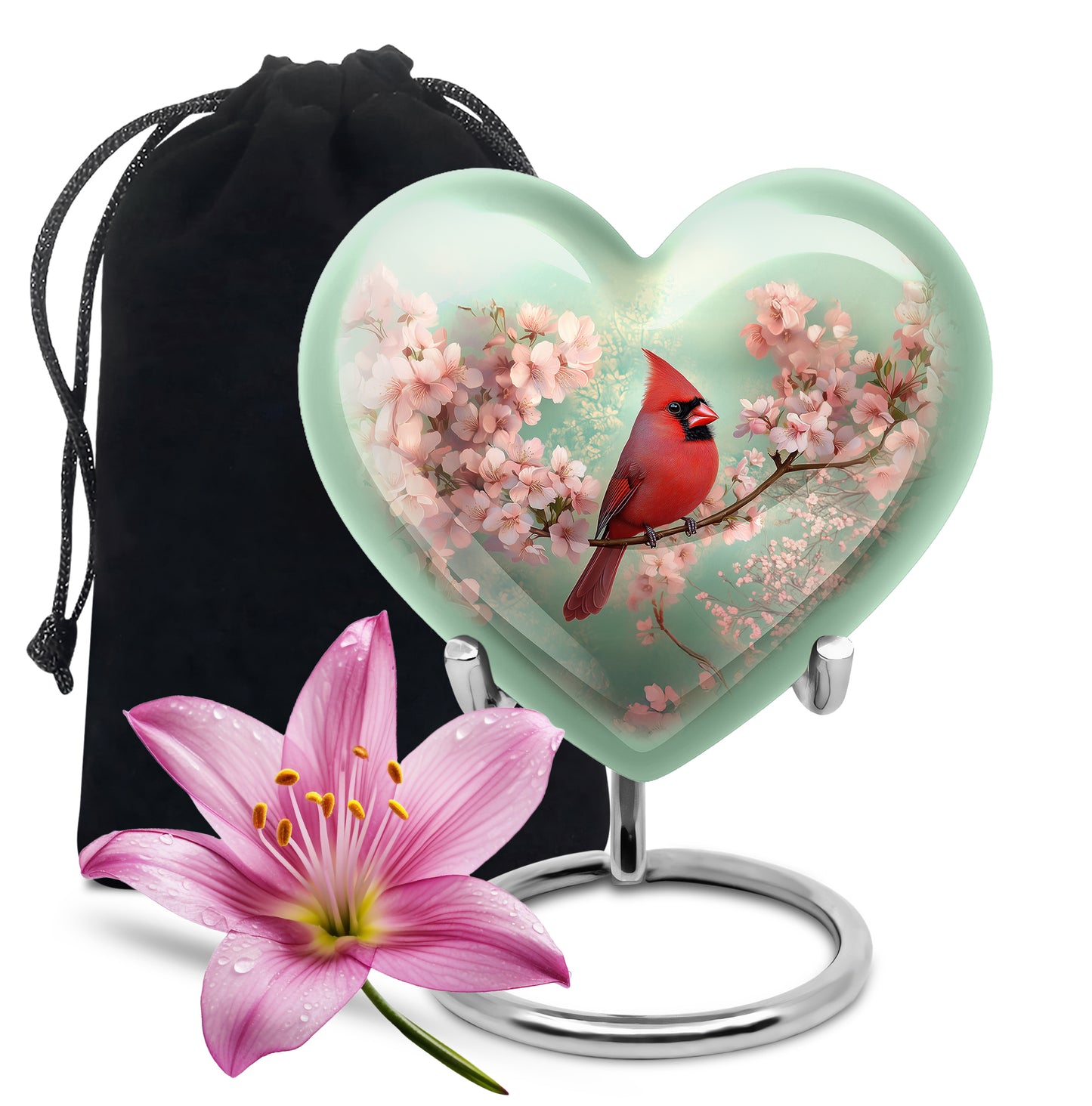 Moss Green Cardinal Cremation Urn detail view - loving heart memorial featuring cardinal pattern - full-size 10 inch 200 cubic inch adult cremation urn