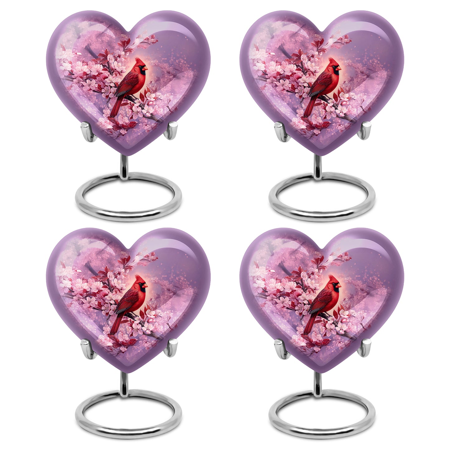 Coral Pink Cardinal Cremation Urn angled view of lid and engraved motif - heart-shaped cardinal design symbolizing eternal love - 10 inch aluminum urn for cremated remains
