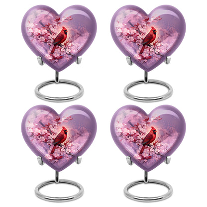 Coral Pink Cardinal Cremation Urn angled view of lid and engraved motif - heart-shaped cardinal design symbolizing eternal love - 10 inch aluminum urn for cremated remains
