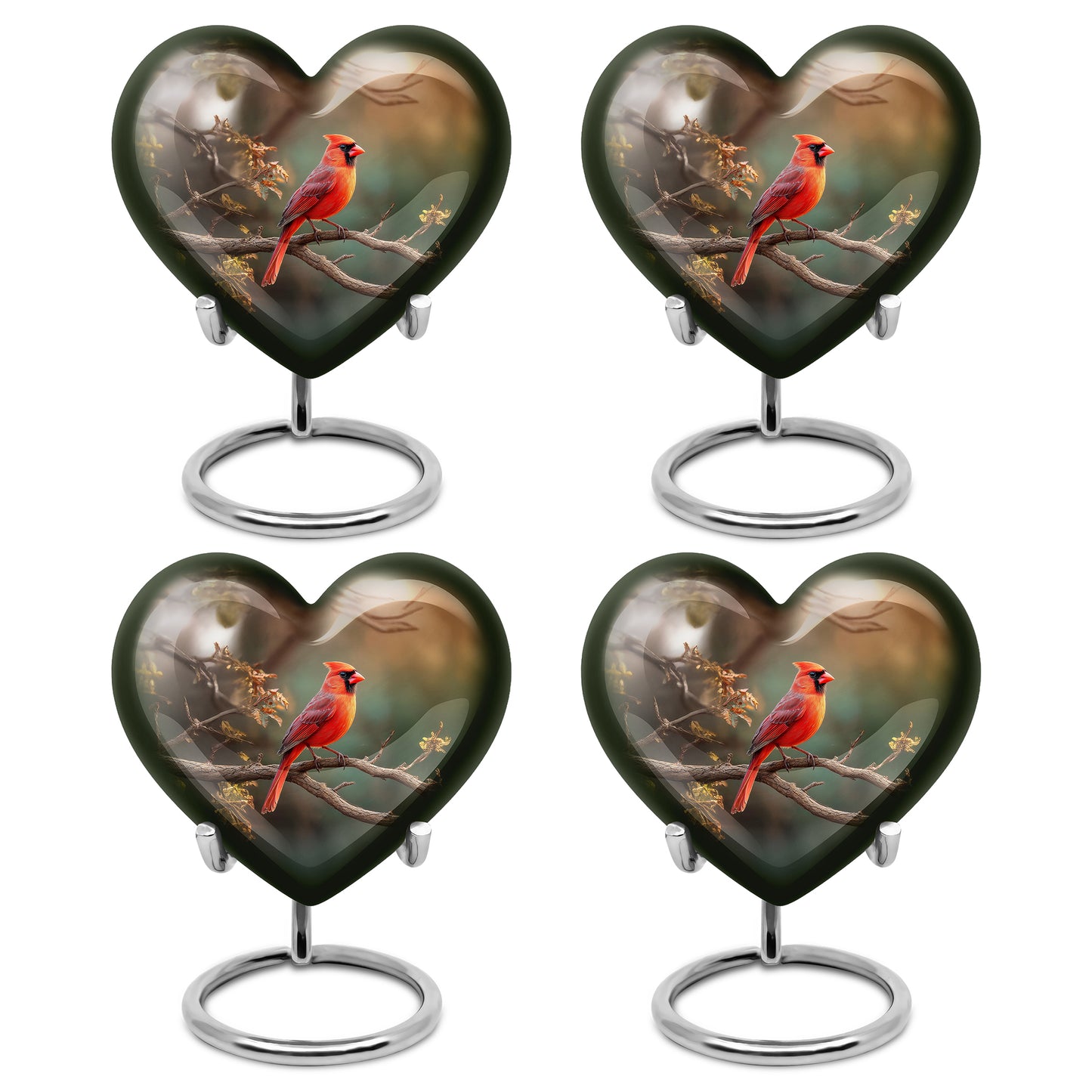 Emerald Green Cardinal Cremation Urn angled view of lid and engraved motif - loving heart memorial featuring cardinal pattern - 10 inch aluminum urn for cremated remains