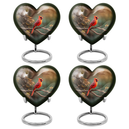Emerald Green Cardinal Cremation Urn angled view of lid and engraved motif - loving heart memorial featuring cardinal pattern - 10 inch aluminum urn for cremated remains
