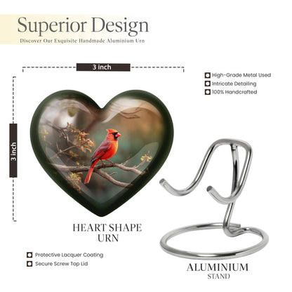 Sage Green Cardinal Cremation Urn front view showing detailed design - heart-shaped cardinal design symbolizing eternal love - mini keepsake memorial for portion of cremation ashes
