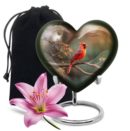 Moss Green Cardinal Cremation Urn detail view - loving heart memorial featuring cardinal pattern - full-size 10 inch 200 cubic inch adult cremation urn
