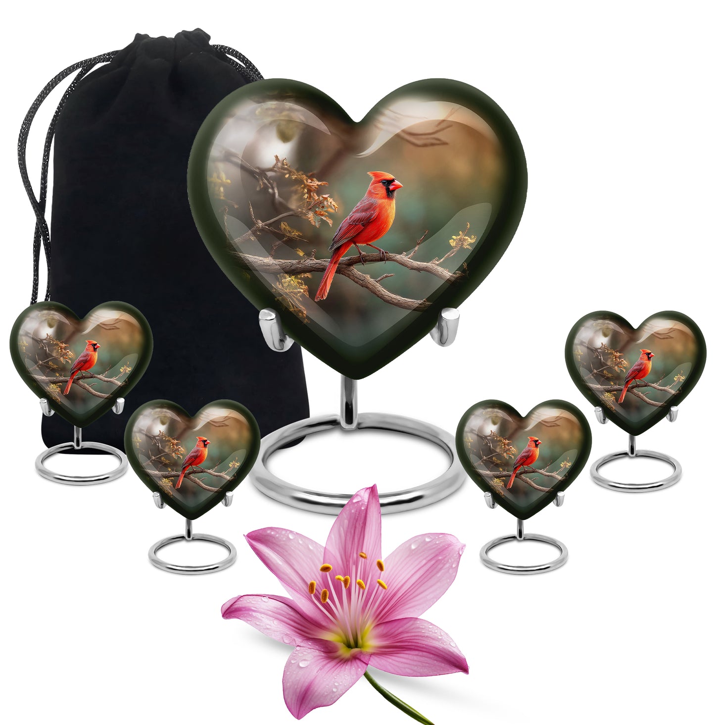 Jade Green Cardinal Cremation Urn close-up of engraving and surface detail - heart-shaped cardinal design symbolizing eternal love - memorial set with one large and four small urns