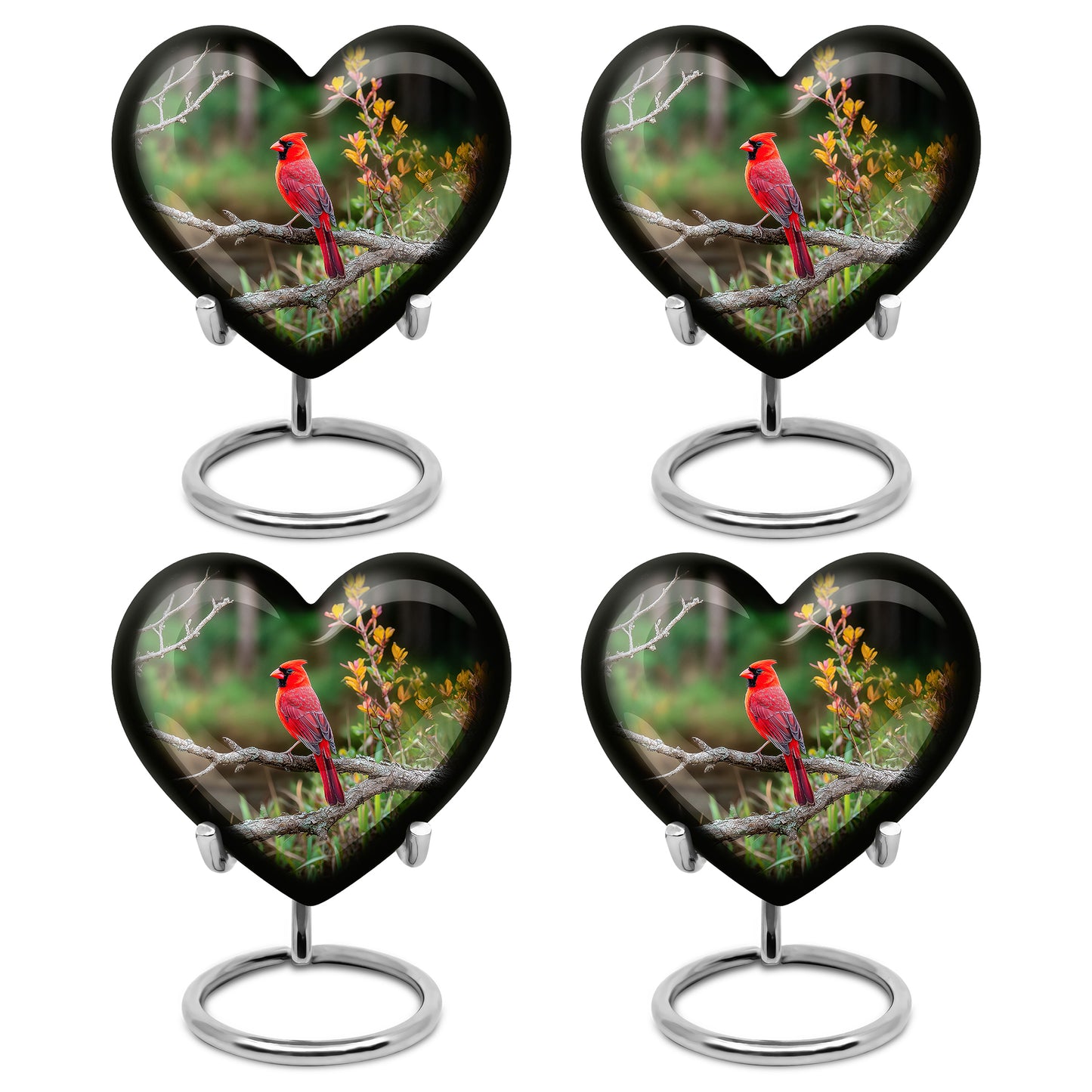 Forest Green Cardinal Cremation Urn angled view of lid and engraved motif - compassionate heart-cardinal combination with gentle curves - 10 inch aluminum urn for cremated remains