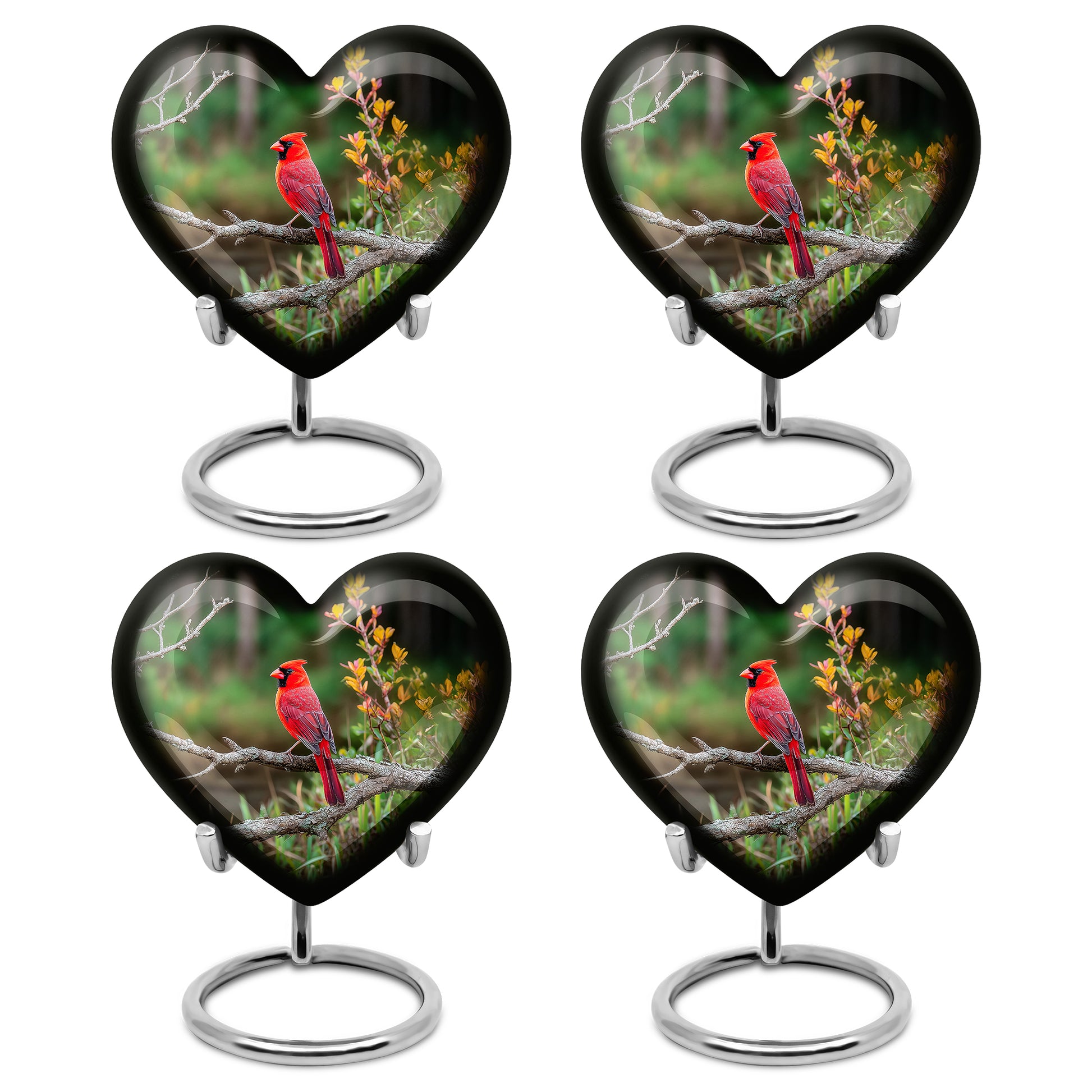 Forest Green Cardinal Cremation Urn angled view of lid and engraved motif - compassionate heart-cardinal combination with gentle curves - 10 inch aluminum urn for cremated remains