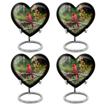Forest Green Cardinal Cremation Urn angled view of lid and engraved motif - compassionate heart-cardinal combination with gentle curves - 10 inch aluminum urn for cremated remains