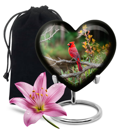 Mint Green Cardinal Cremation Urn detail view - compassionate heart-cardinal combination with gentle curves - full-size 10 inch 200 cubic inch adult cremation urn
