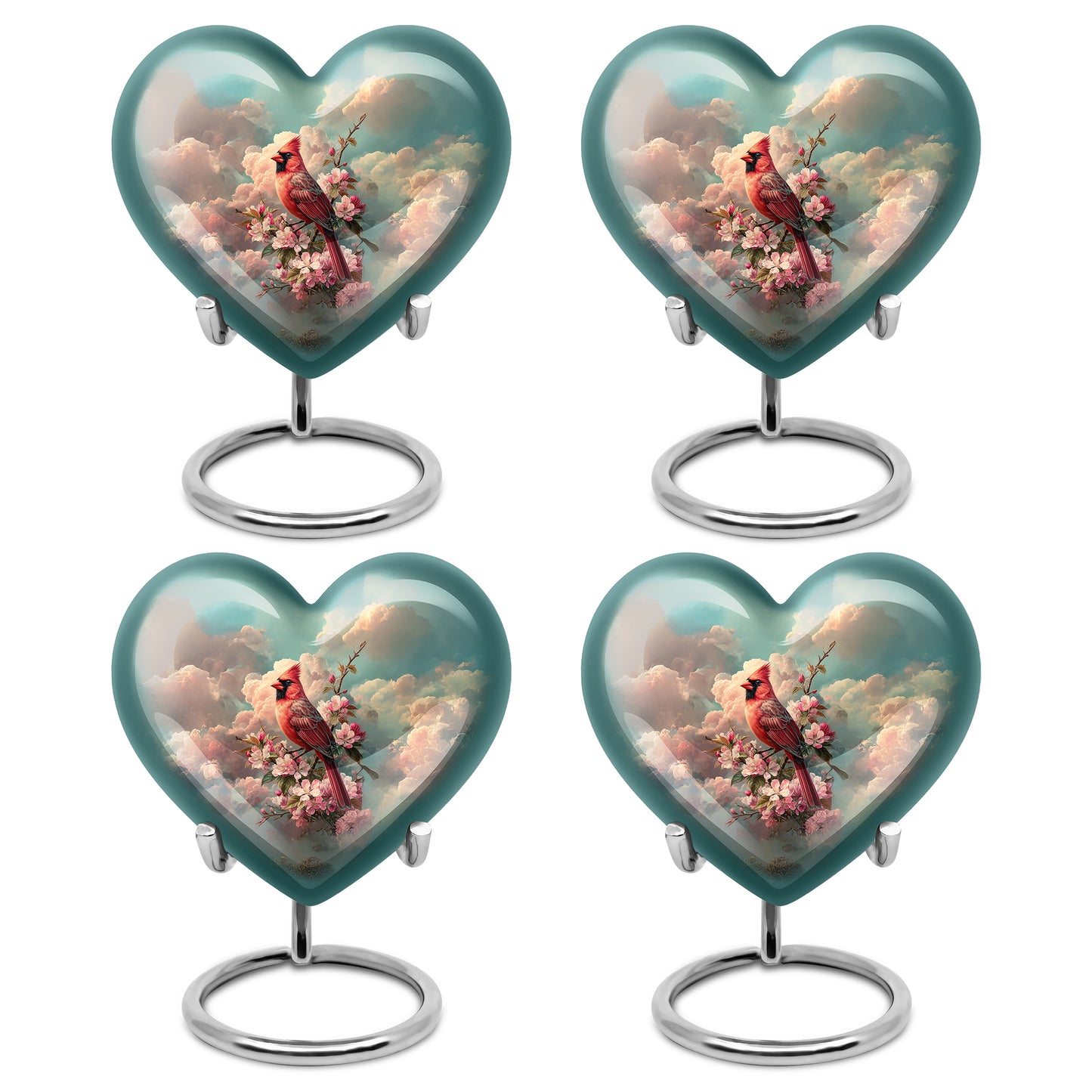 Deep Teal Cardinal Cremation Urn angled view of lid and engraved motif - romantic heart urn with cardinal motif on aluminum - 10 inch aluminum urn for cremated remains