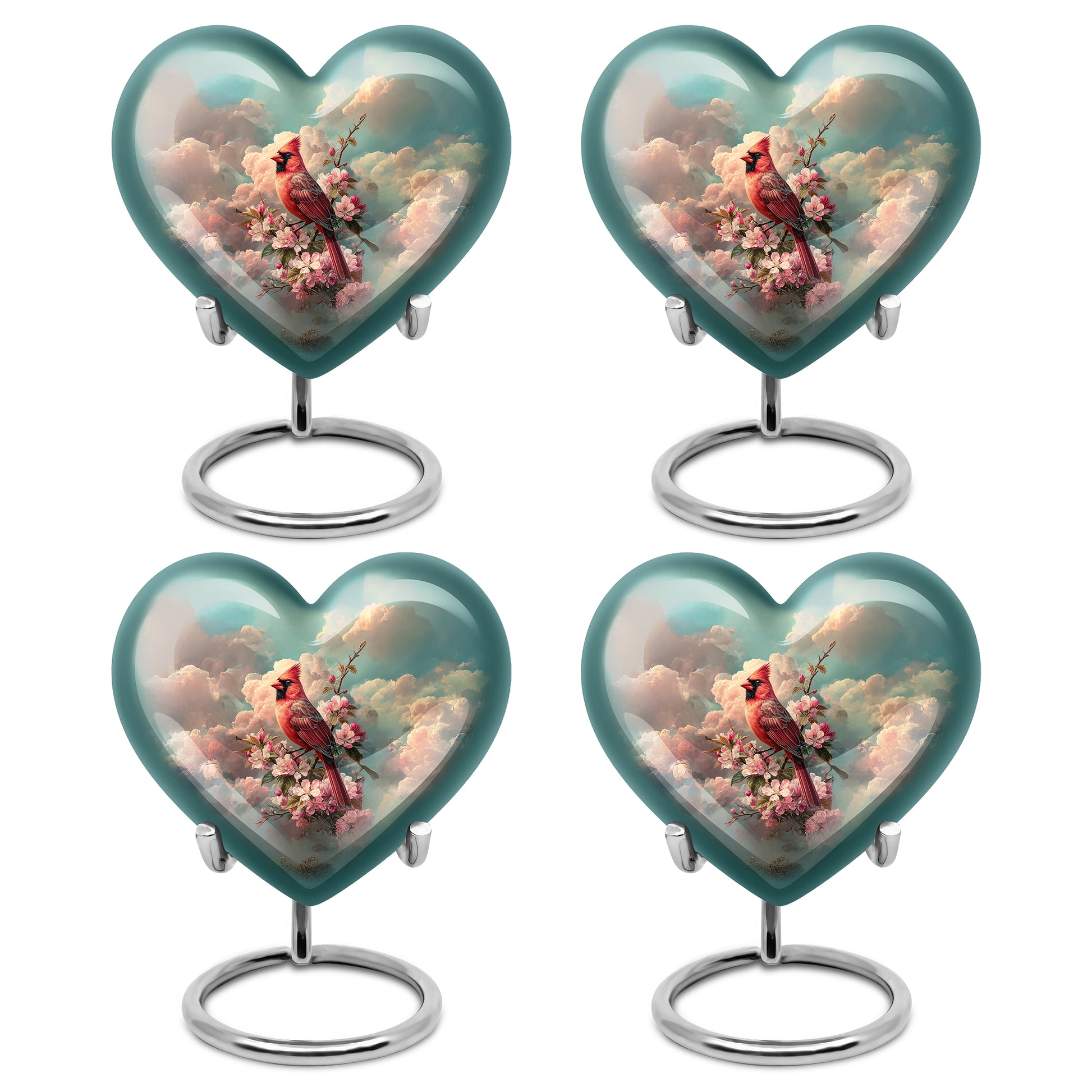 Deep Teal Cardinal Cremation Urn angled view of lid and engraved motif - romantic heart urn with cardinal motif on aluminum - 10 inch aluminum urn for cremated remains