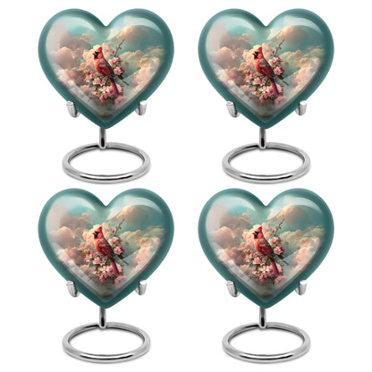 Deep Teal Cardinal Cremation Urn angled view of lid and engraved motif - romantic heart urn with cardinal motif on aluminum - 10 inch aluminum urn for cremated remains
