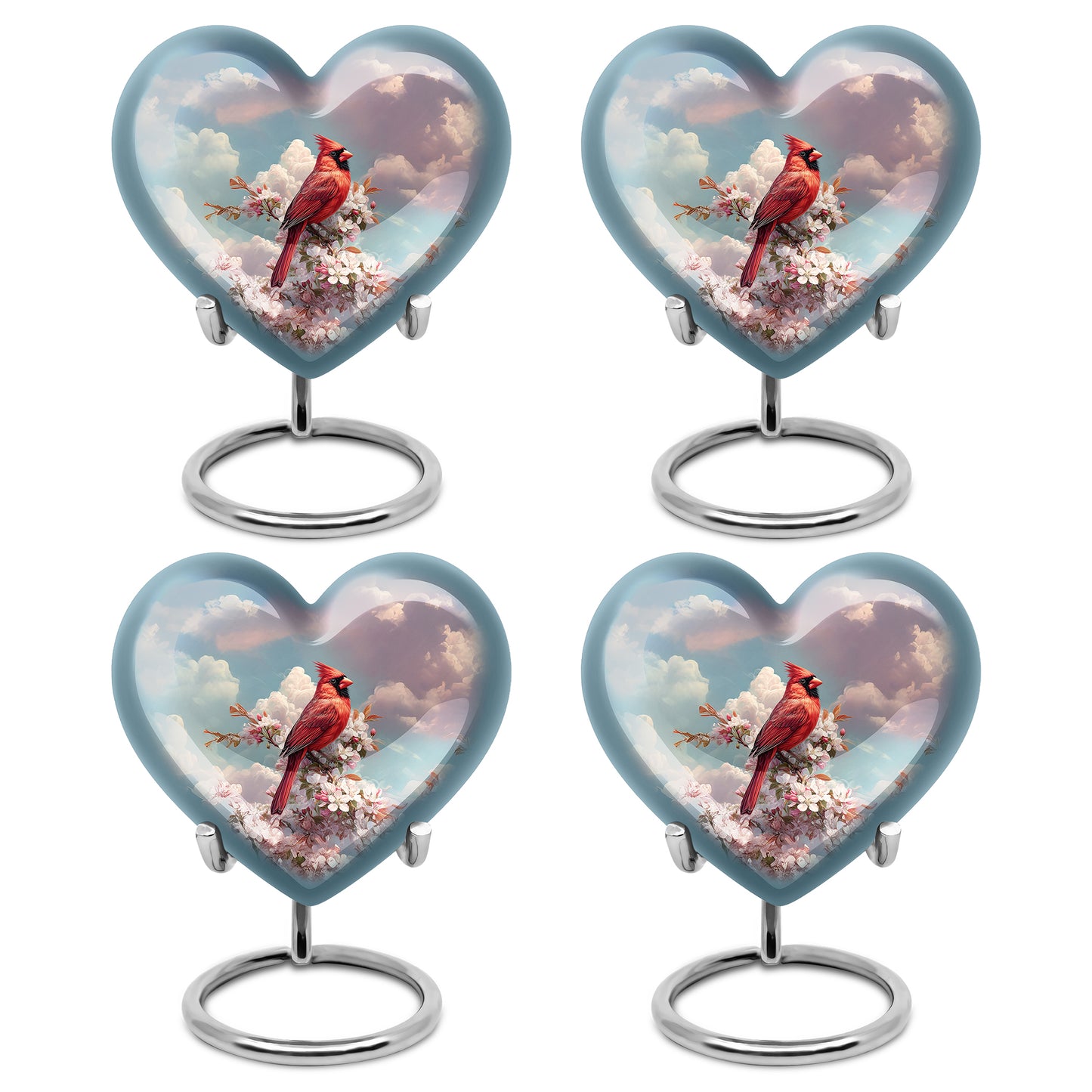 Pastel Blue Cardinal Cremation Urn angled view of lid and engraved motif - heart-shaped cardinal design symbolizing eternal love - 10 inch aluminum urn for cremated remains