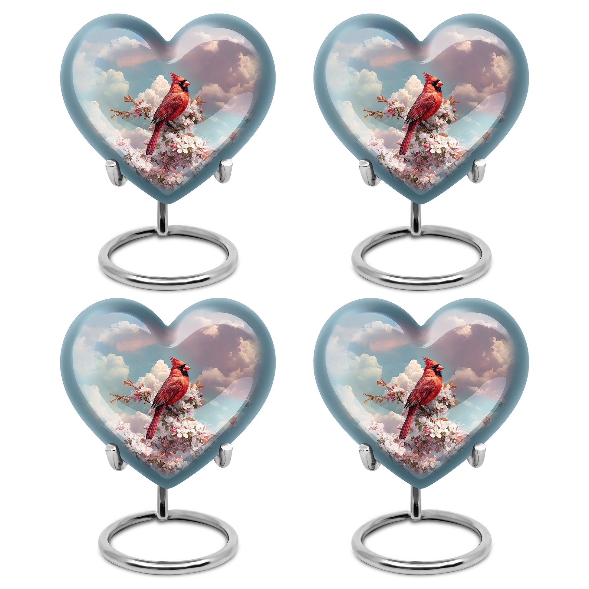 Pastel Blue Cardinal Cremation Urn angled view of lid and engraved motif - heart-shaped cardinal design symbolizing eternal love - 10 inch aluminum urn for cremated remains