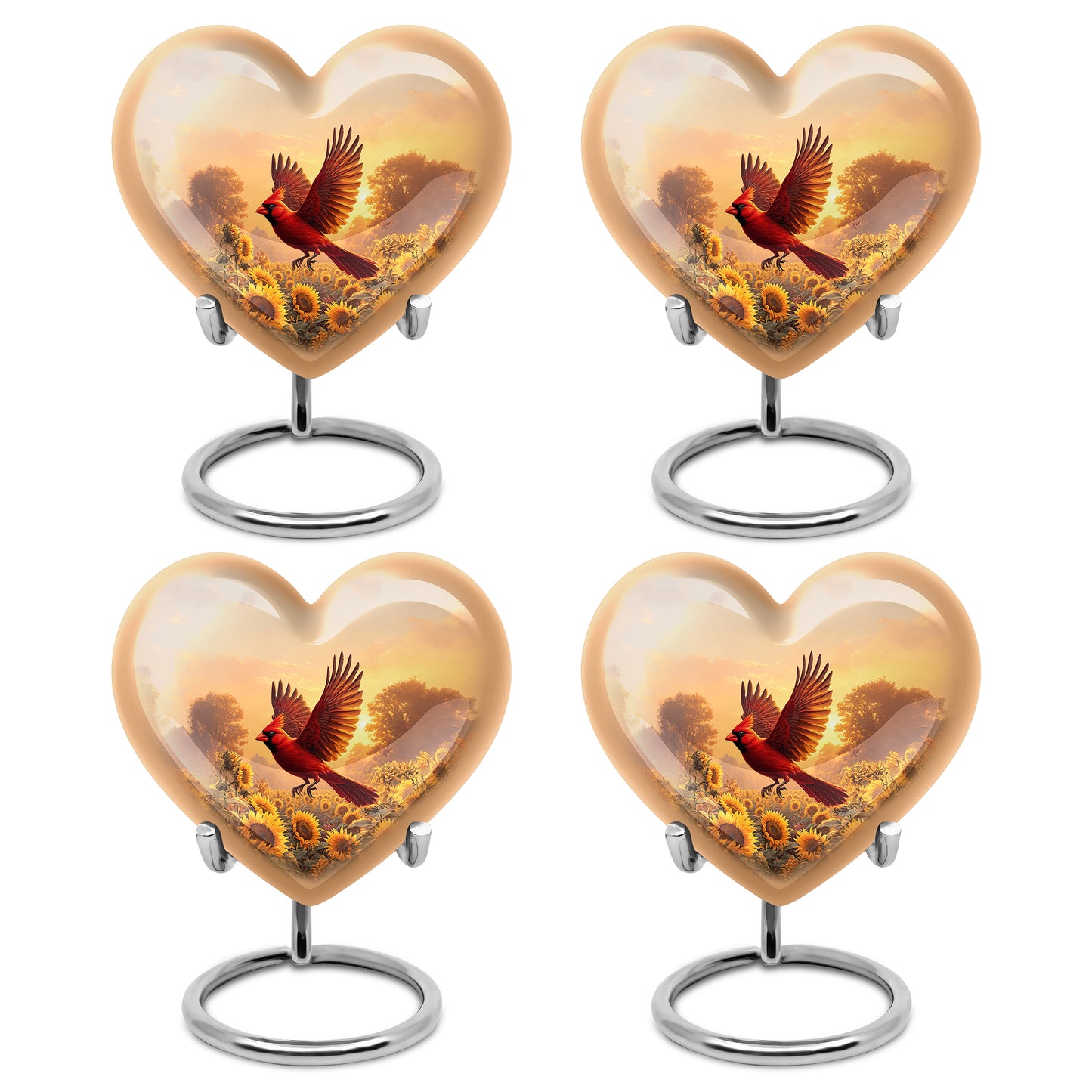 Amber Gold Cardinal Cremation Urn angled view of lid and engraved motif - heart-shaped cardinal design symbolizing eternal love - 10 inch aluminum urn for cremated remains