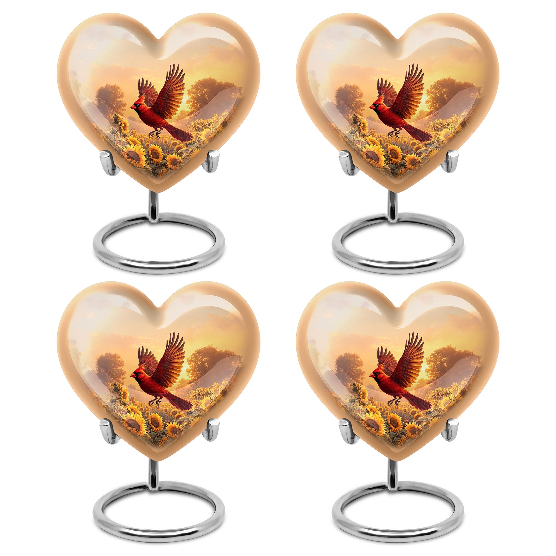 Amber Gold Cardinal Cremation Urn angled view of lid and engraved motif - heart-shaped cardinal design symbolizing eternal love - 10 inch aluminum urn for cremated remains