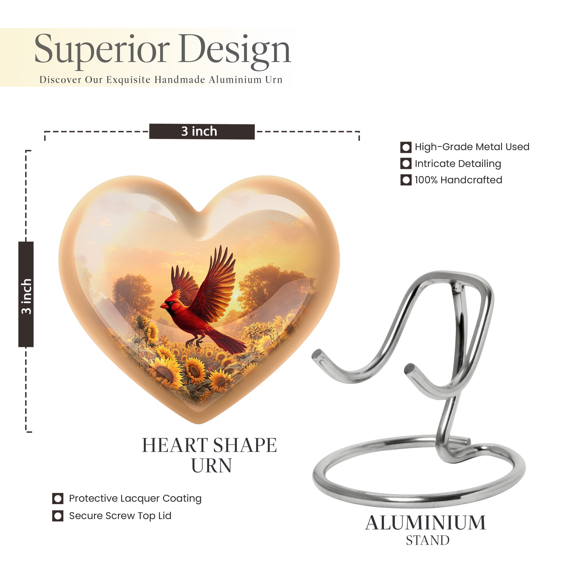 Amber Gold Cardinal Cremation Urn front view showing detailed design - heart-shaped cardinal design symbolizing eternal love - mini keepsake memorial for portion of cremation ashes