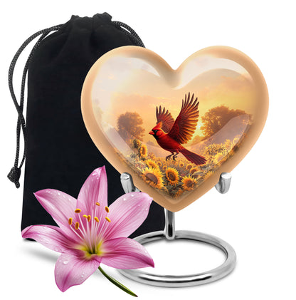 Warm Gold Cardinal Cremation Urn detail view - romantic heart urn with cardinal motif on aluminum - full-size 10 inch 200 cubic inch adult cremation urn