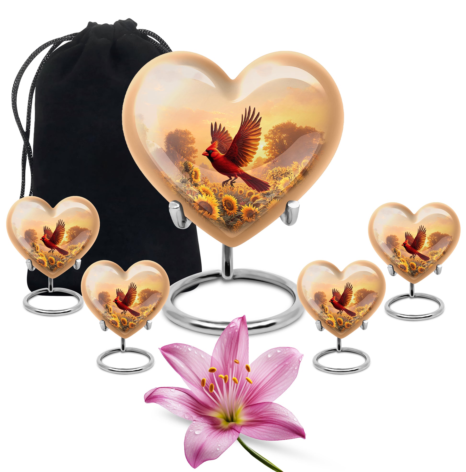 Royal Gold Cardinal Cremation Urn close-up of engraving and surface detail - romantic heart urn with cardinal motif on aluminum - memorial set with one large and four small urns
