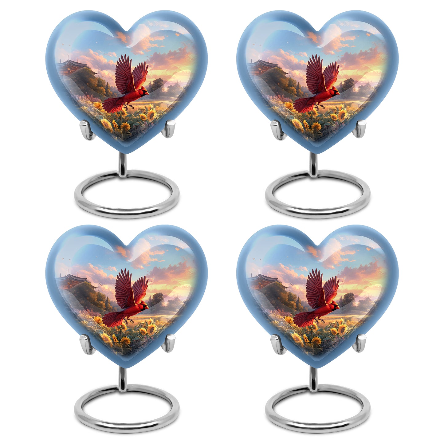 Calming Blue Cardinal Cremation Urn angled view of lid and engraved motif - romantic heart urn with cardinal motif on aluminum - 10 inch aluminum urn for cremated remains