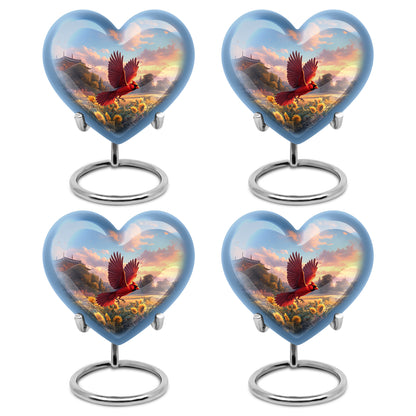 Calming Blue Cardinal Cremation Urn angled view of lid and engraved motif - romantic heart urn with cardinal motif on aluminum - 10 inch aluminum urn for cremated remains