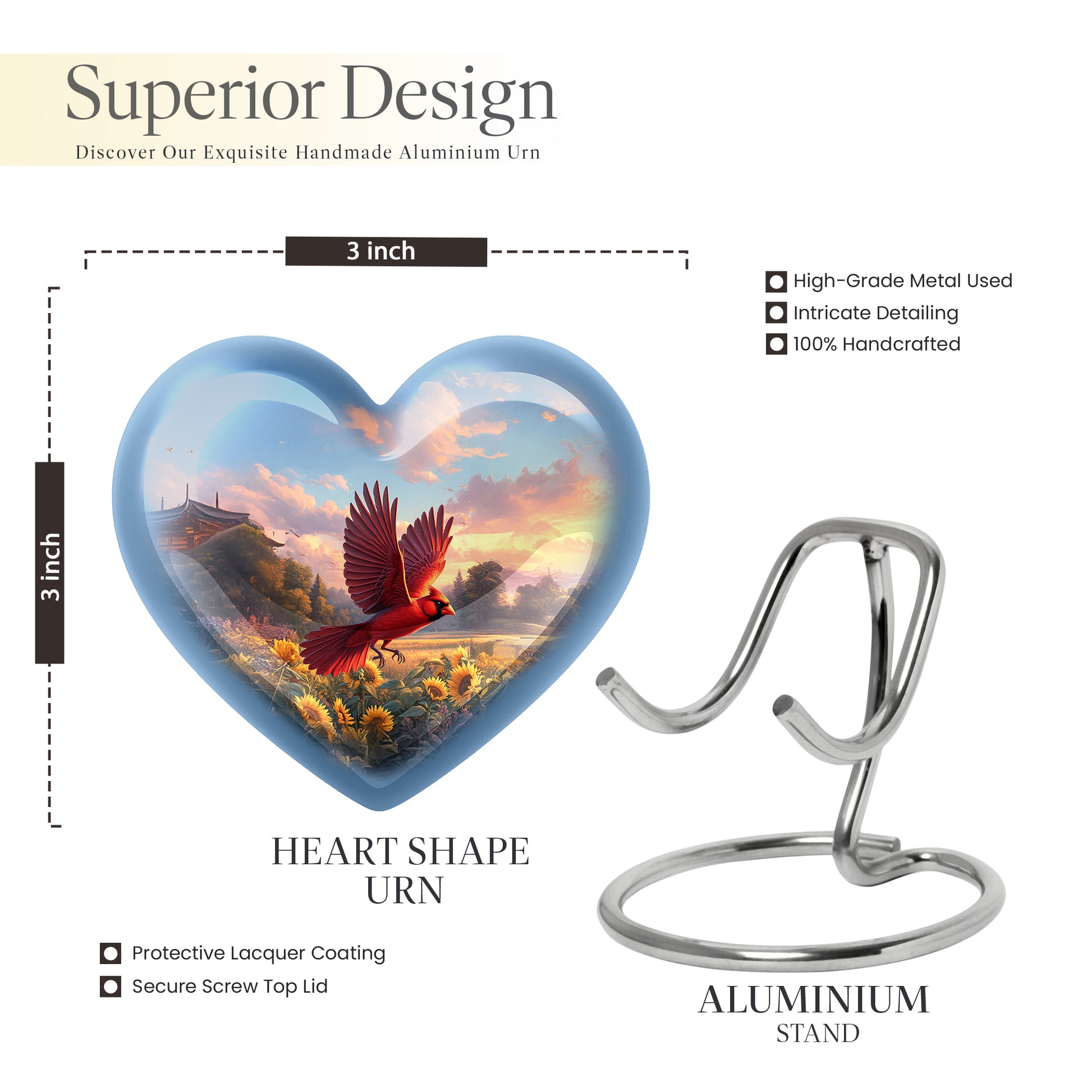 Sky Blue Cardinal Cremation Urn front view showing detailed design - loving heart memorial featuring cardinal pattern - mini keepsake memorial for portion of cremation ashes