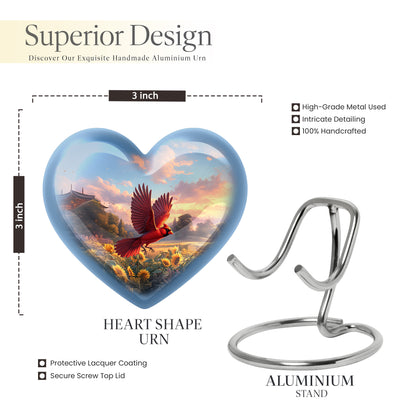 Sky Blue Cardinal Cremation Urn front view showing detailed design - loving heart memorial featuring cardinal pattern - mini keepsake memorial for portion of cremation ashes