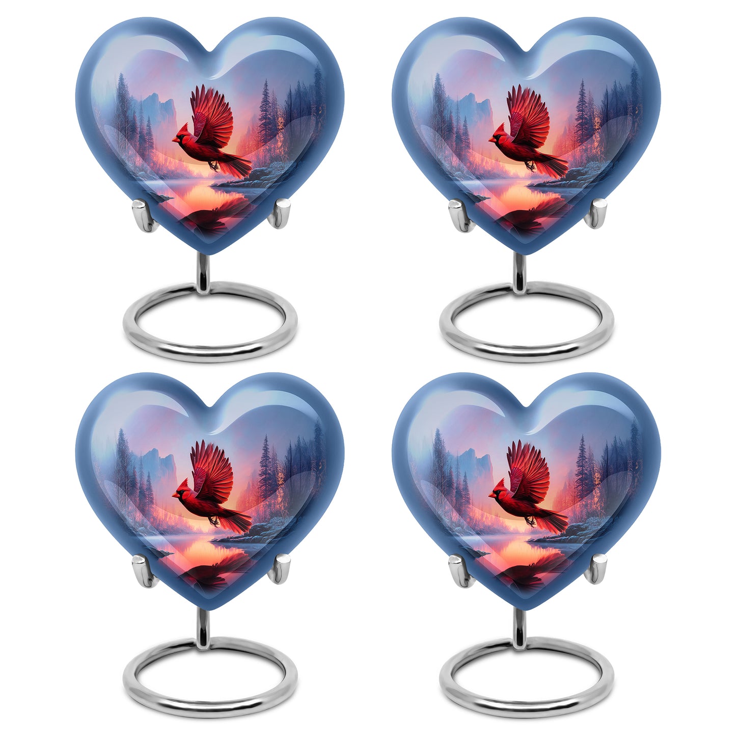 Twilight Blue Cardinal Cremation Urn angled view of lid and engraved motif - compassionate heart-cardinal combination with gentle curves - 10 inch aluminum urn for cremated remains