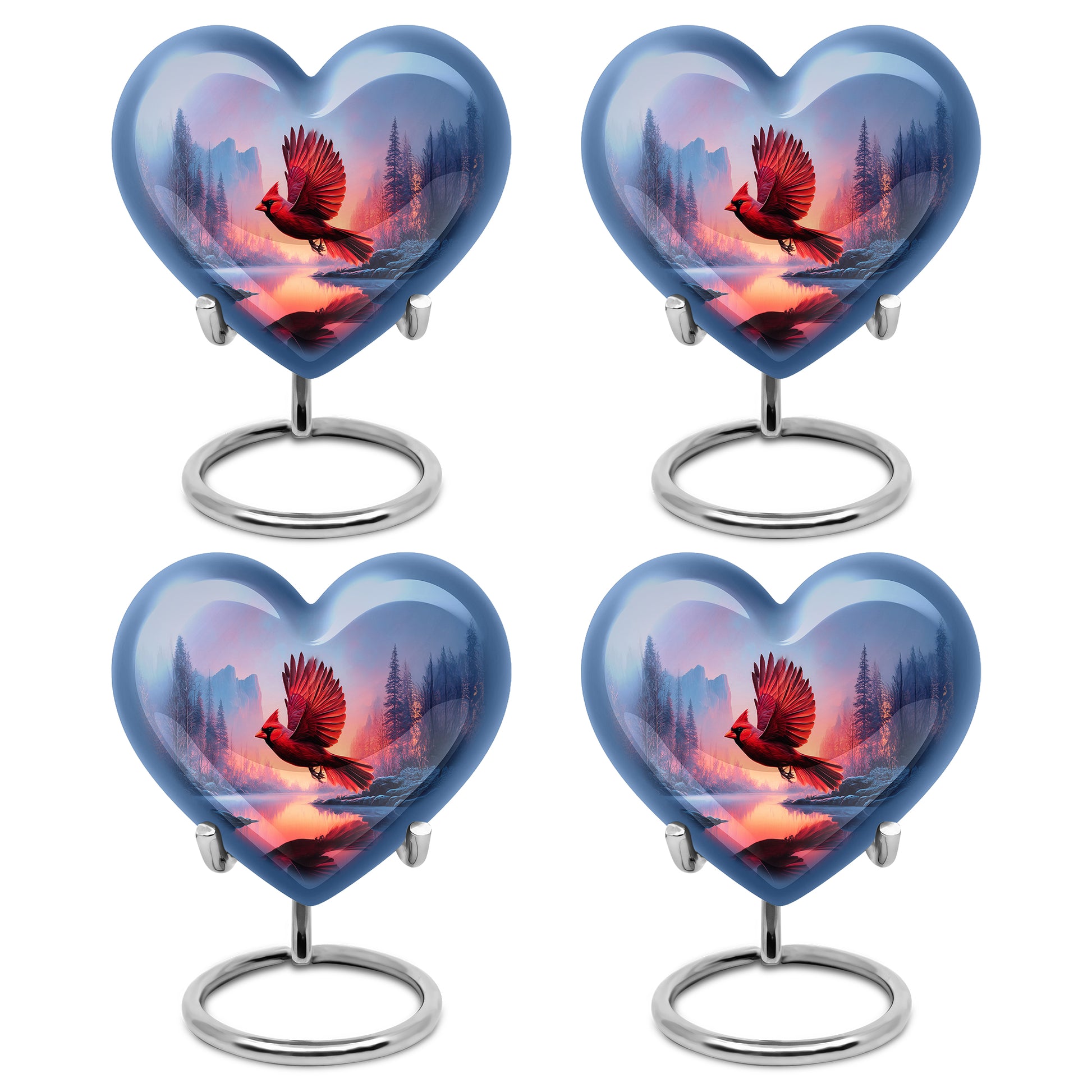 Twilight Blue Cardinal Cremation Urn angled view of lid and engraved motif - compassionate heart-cardinal combination with gentle curves - 10 inch aluminum urn for cremated remains