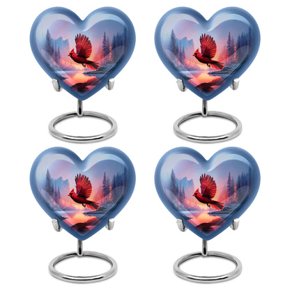 Twilight Blue Cardinal Cremation Urn angled view of lid and engraved motif - compassionate heart-cardinal combination with gentle curves - 10 inch aluminum urn for cremated remains