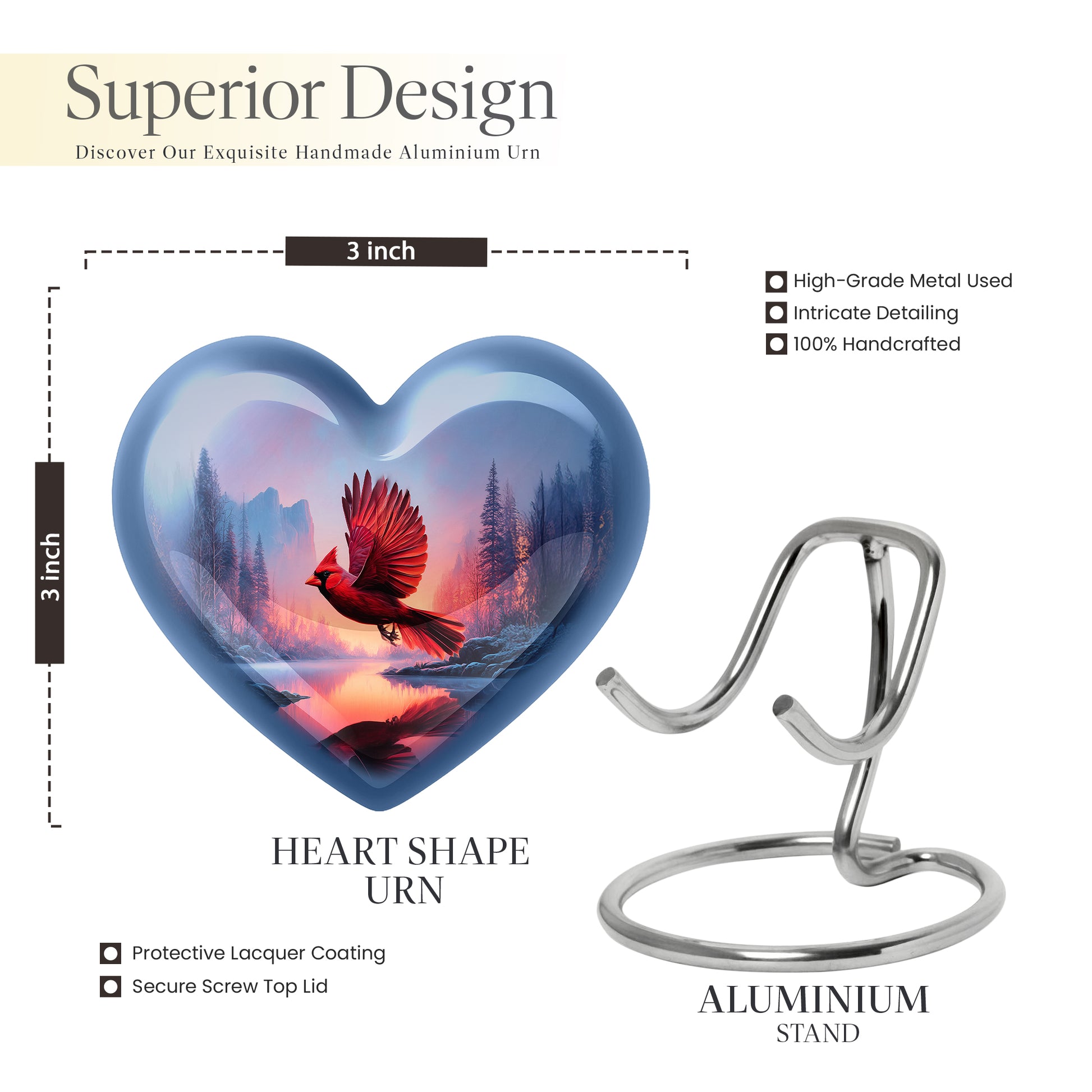Misty Blue Cardinal Cremation Urn front view showing detailed design - loving heart memorial featuring cardinal pattern - mini keepsake memorial for portion of cremation ashes