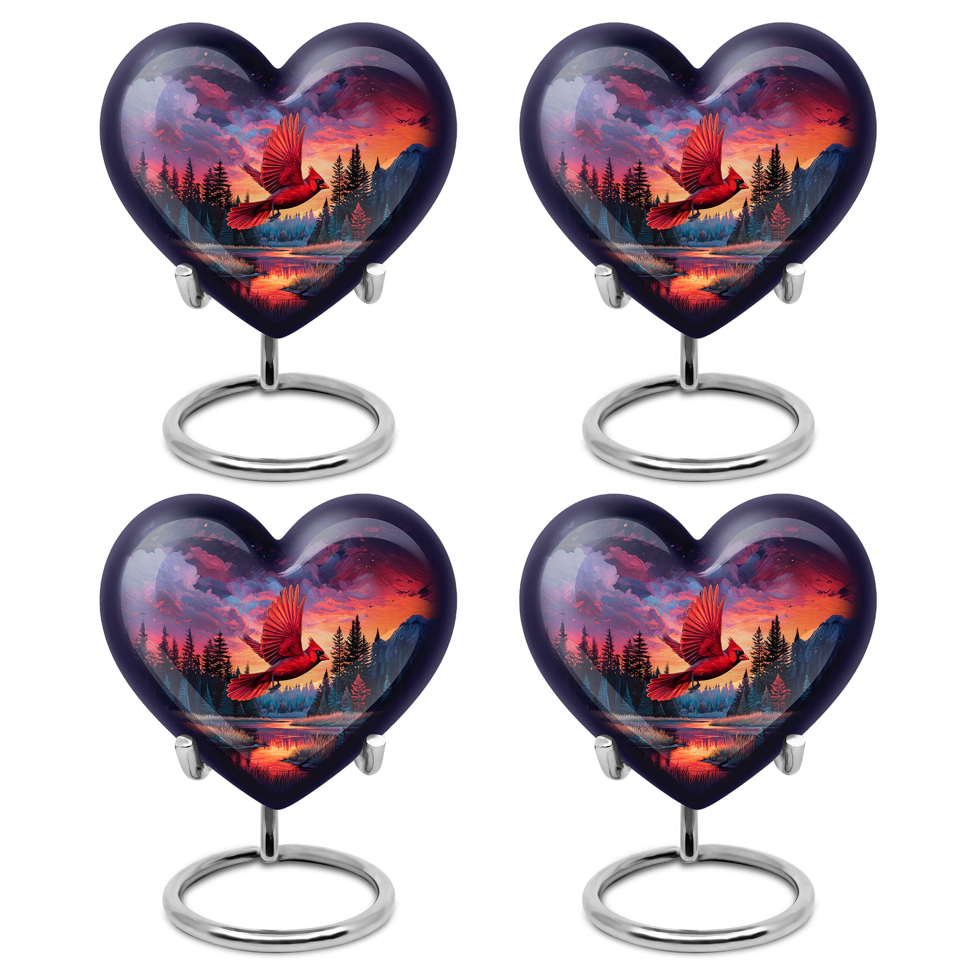 Misty Blue Cardinal Cremation Urn angled view of lid and engraved motif - loving heart memorial featuring cardinal pattern - 10 inch aluminum urn for cremated remains