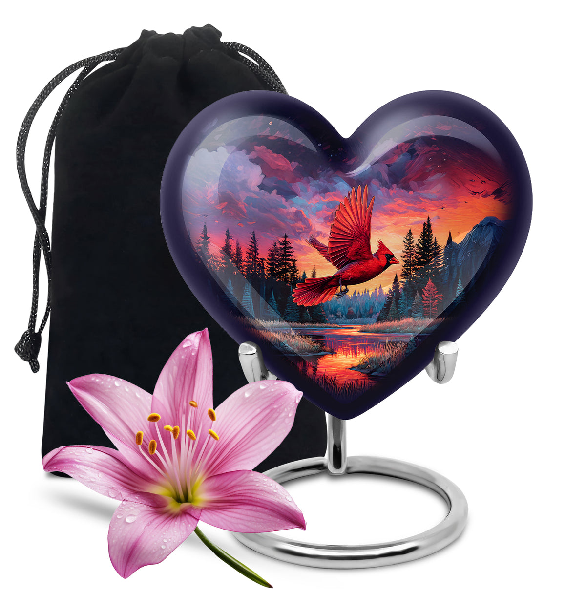 Calming Blue Cardinal Cremation Urn detail view - romantic heart urn with cardinal motif on aluminum - full-size 10 inch 200 cubic inch adult cremation urn