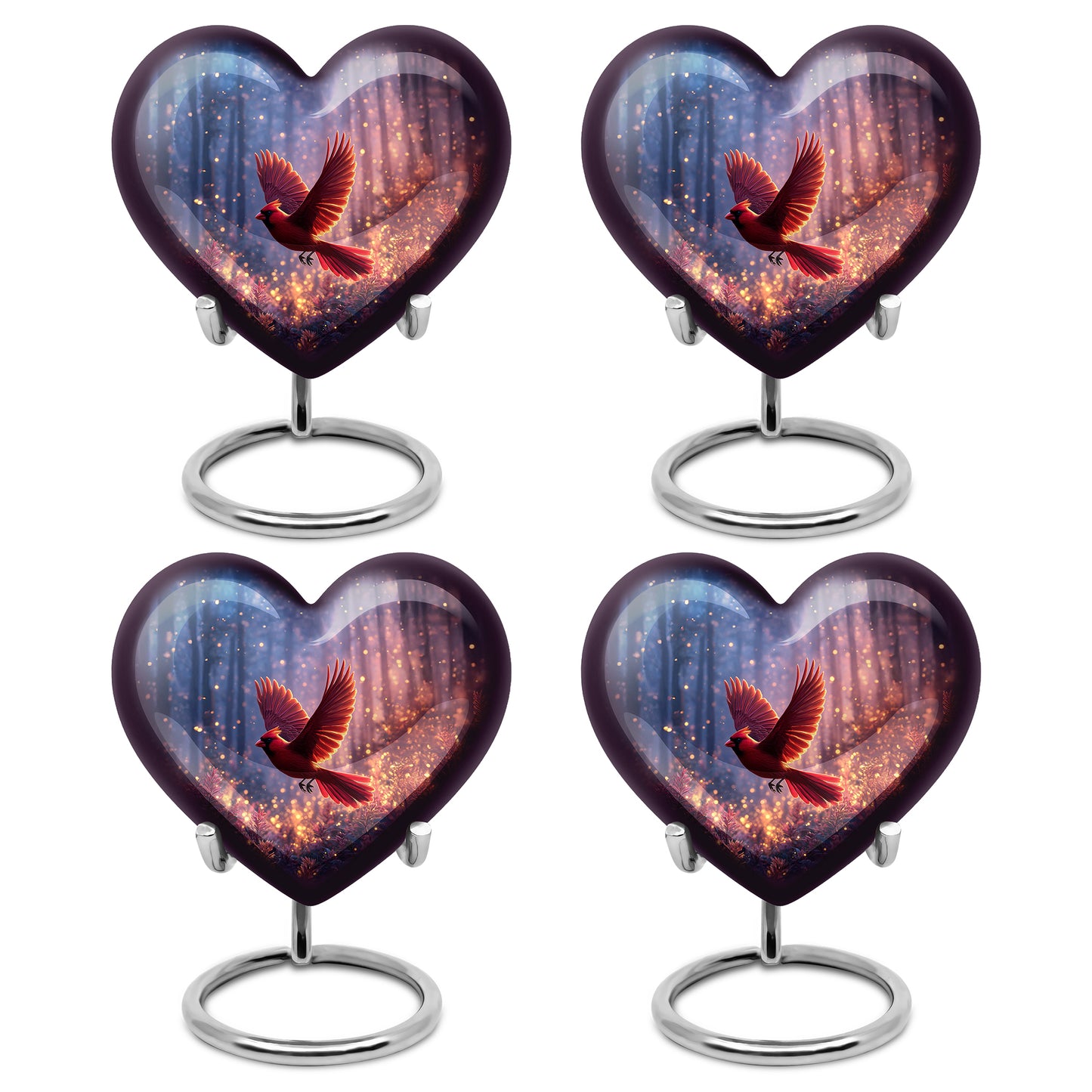 Icy Blue Cardinal Cremation Urn angled view of lid and engraved motif - loving heart memorial featuring cardinal pattern - 10 inch aluminum urn for cremated remains