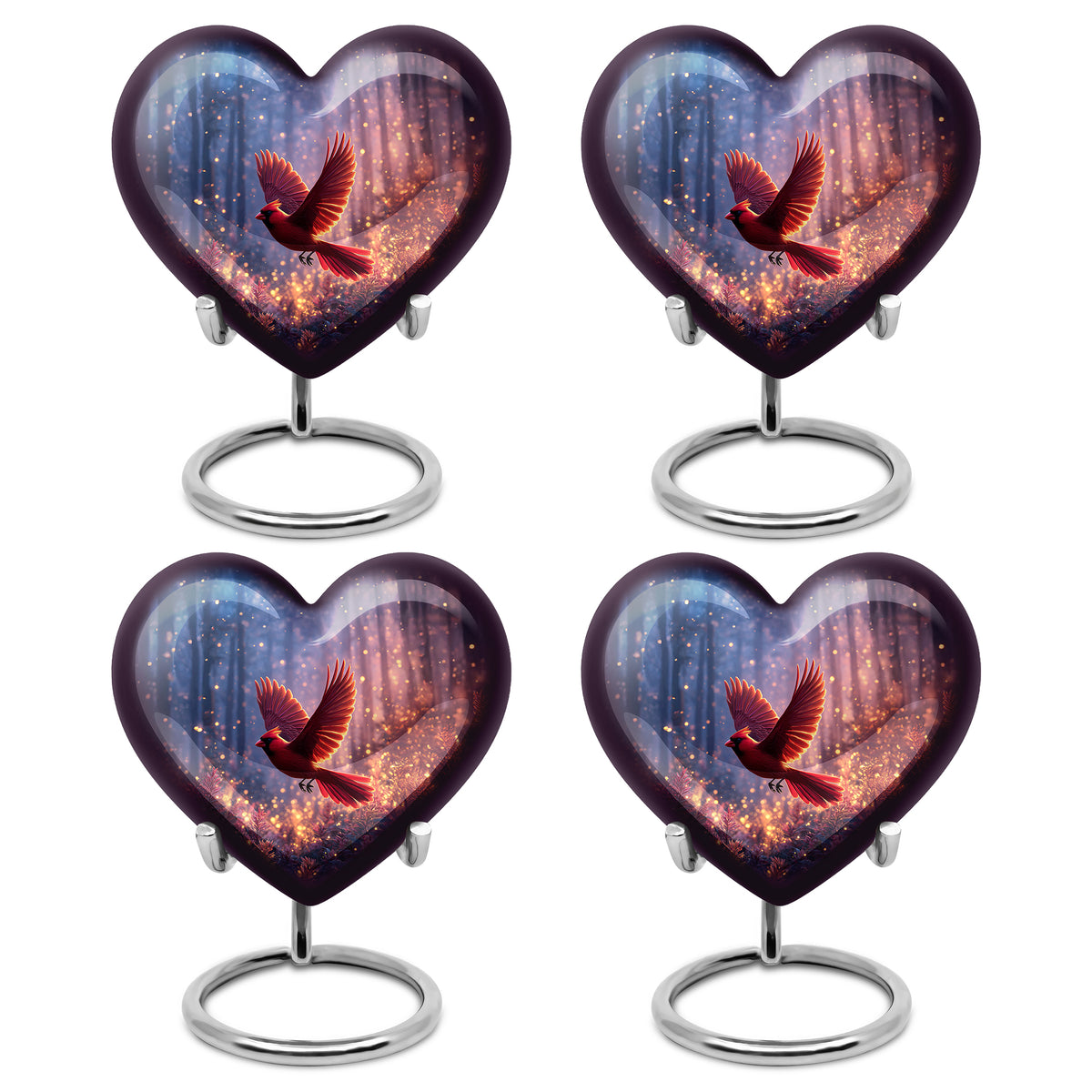 Icy Blue Cardinal Cremation Urn angled view of lid and engraved motif - loving heart memorial featuring cardinal pattern - 10 inch aluminum urn for cremated remains